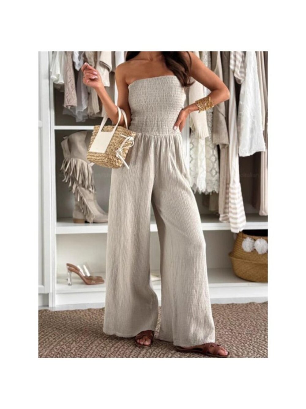 Smocked Strapless Wide-Leg Jumpsuit